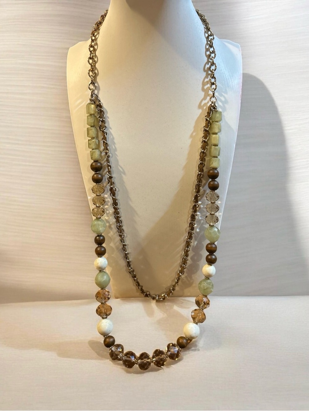 Long Multistrand Beaded Necklace in Olive Green, Brown and Cream